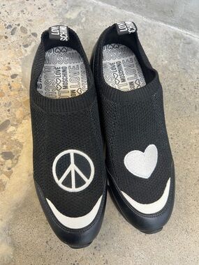 Love Moschino Black Knit Slip-On Sneakers with White Heart & Peace Symbols